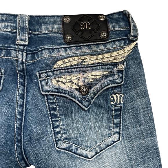 Miss Me Boot Cut Distressed Light Wash Jeans w/ Angel Wing Back Pocket Design 28 - Picture 7 of 14